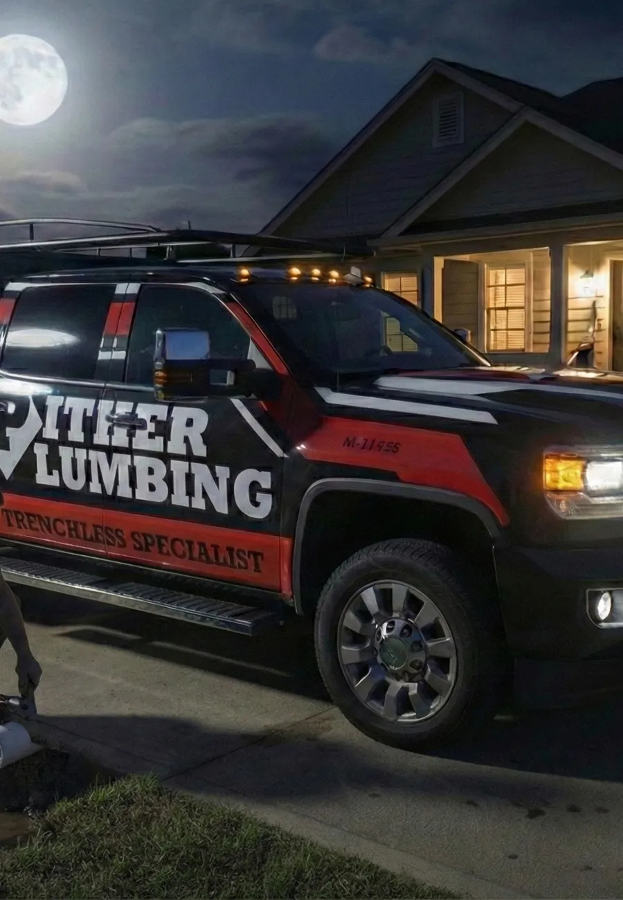 A Pither Plumbing service truck marked '24 Hour' parked outside a Longview home at night, responding to an emergency call